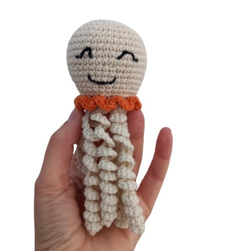 Crocheted octopus, very cute baby gift, 100% cotton yarn, off white with orange